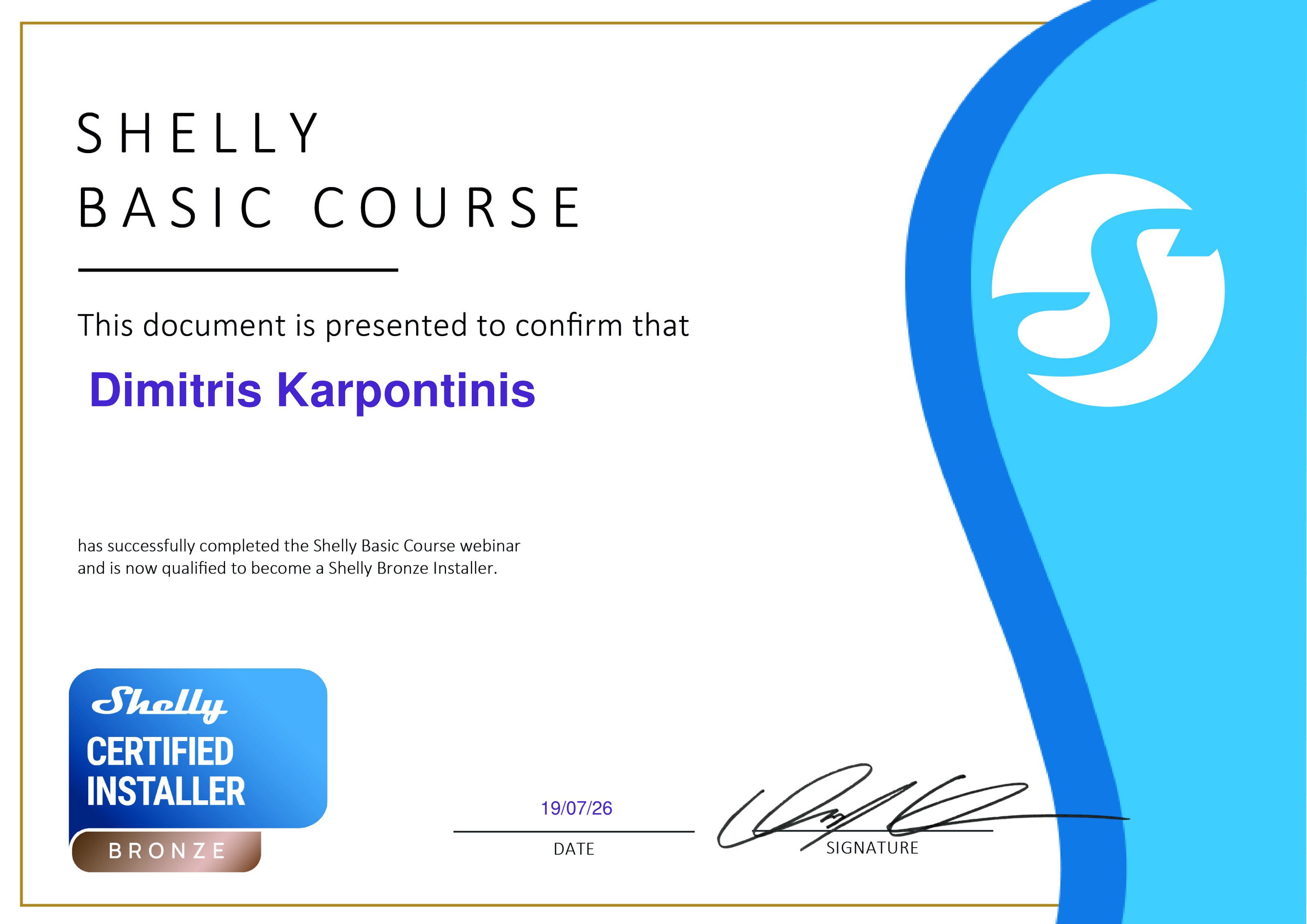 Πιστοποιητικό Shelly Certified Installer Bronze – Dimitris Karpontinis
